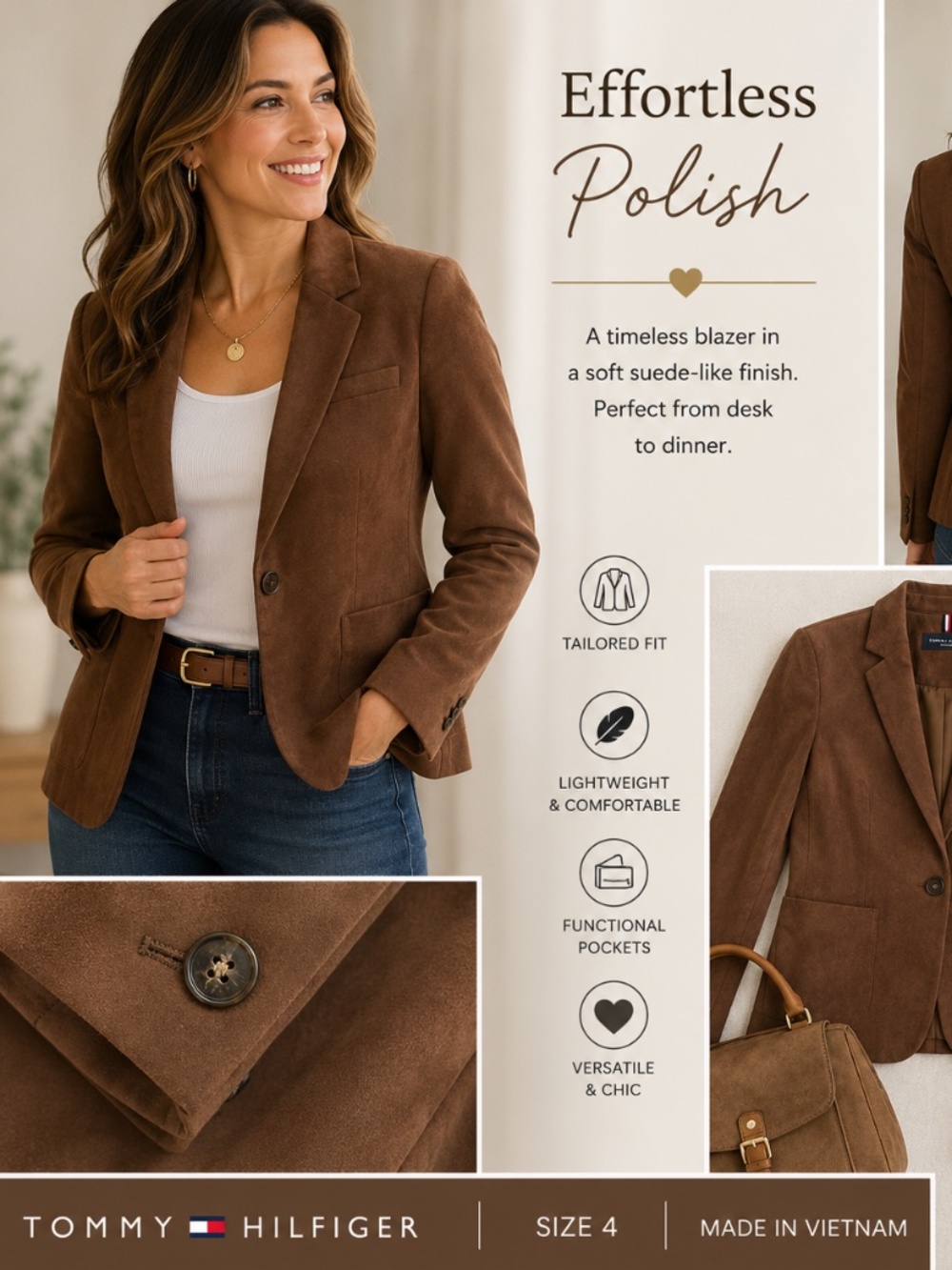 Tommy Hilfiger Faux Suede Blazer Jacket Brown | Size 4 | Stretch Tailored